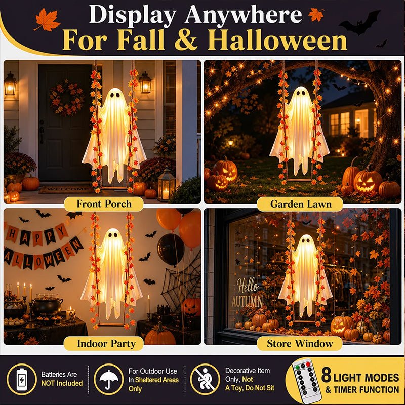 LED Luminous Hanging Swinging Ghost – Adjustable Brightness, Remote Control Halloween Yard Flying Ghost Decoration - NovaTech