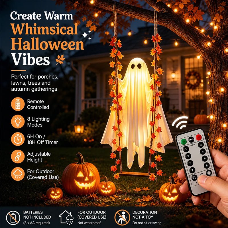 LED Luminous Hanging Swinging Ghost – Adjustable Brightness, Remote Control Halloween Yard Flying Ghost Decoration - NovaTech