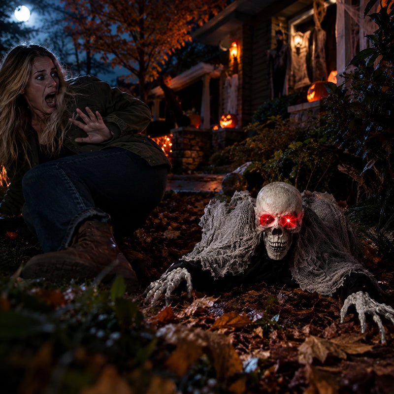 Voice Control Halloween Ghost – Glowing Red Eyes, Auto-Moving Hands, Foldable Bloody Zombie Screamer, Animatronic Decor - NovaTech