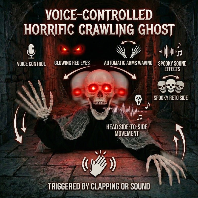 Voice Control Halloween Ghost – Glowing Red Eyes, Auto-Moving Hands, Foldable Bloody Zombie Screamer, Animatronic Decor - NovaTech
