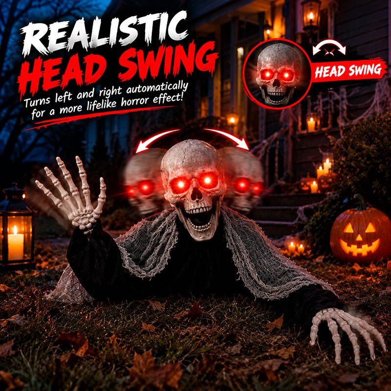 Voice Control Halloween Ghost – Glowing Red Eyes, Auto-Moving Hands, Foldable Bloody Zombie Screamer, Animatronic Decor - NovaTech