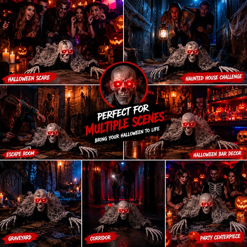 Voice Control Halloween Ghost – Glowing Red Eyes, Auto-Moving Hands, Foldable Bloody Zombie Screamer, Animatronic Decor - NovaTech